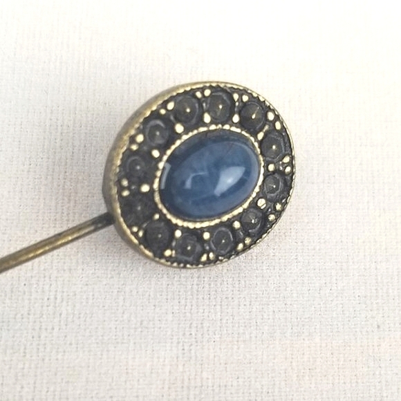 Vintage Stick Pin Gold Tone Blue Stone Brooch Original Clutch 4" Hat Pin - Picture 1 of 10